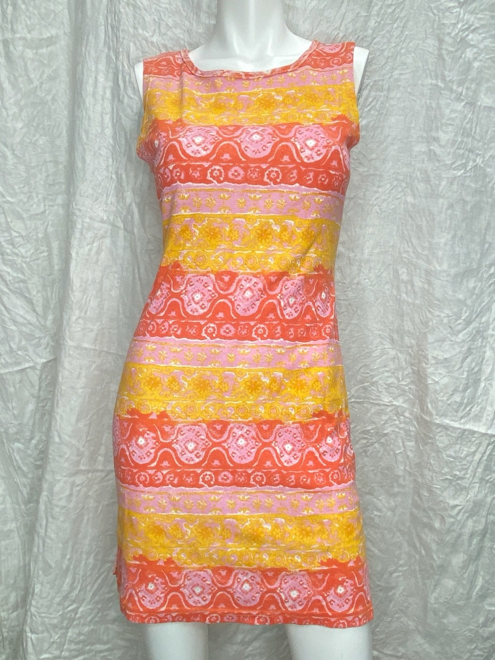 Vintage 90s B Max Coral, Pink & Yellow Striped Sleeveless Shift Dress